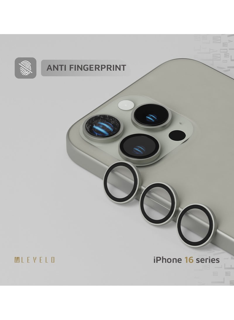 LEVELO - Trio Lens Protector for iPhone 16 Pro/Pro Max / Anti Fingerprint / 9H Hardness Glass / Double Sided Anti Reflection and Durable Camera lens Protector - Titanium - Image 1