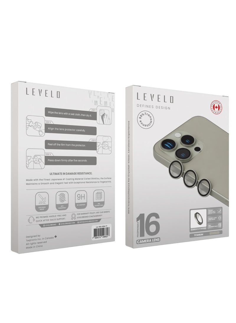 LEVELO - Trio Lens Protector for iPhone 16 Pro/Pro Max / Anti Fingerprint / 9H Hardness Glass / Double Sided Anti Reflection and Durable Camera lens Protector - Titanium - Image 1