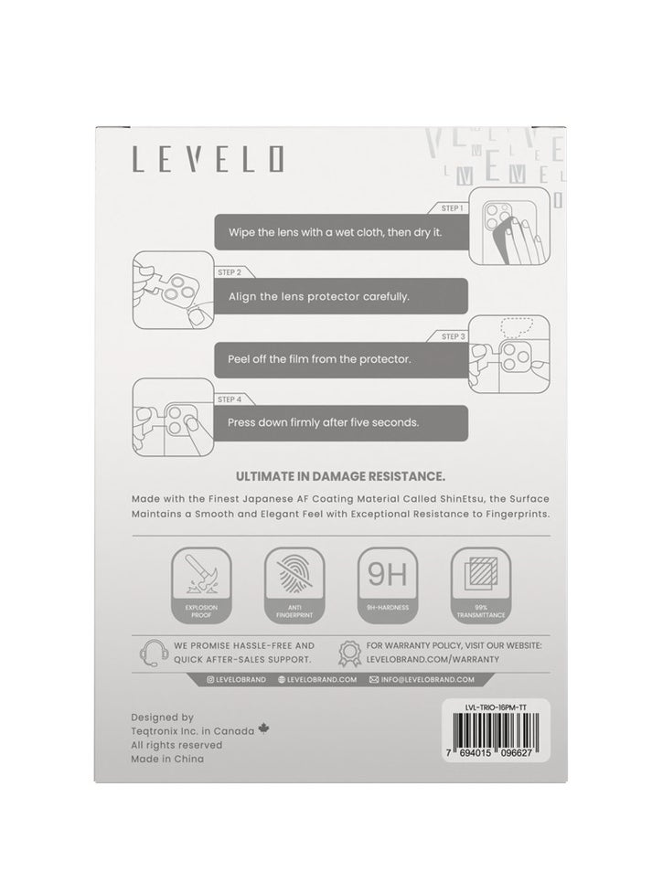 LEVELO - Trio Lens Protector for iPhone 16 Pro/Pro Max / Anti Fingerprint / 9H Hardness Glass / Double Sided Anti Reflection and Durable Camera lens Protector - Titanium - Image 1