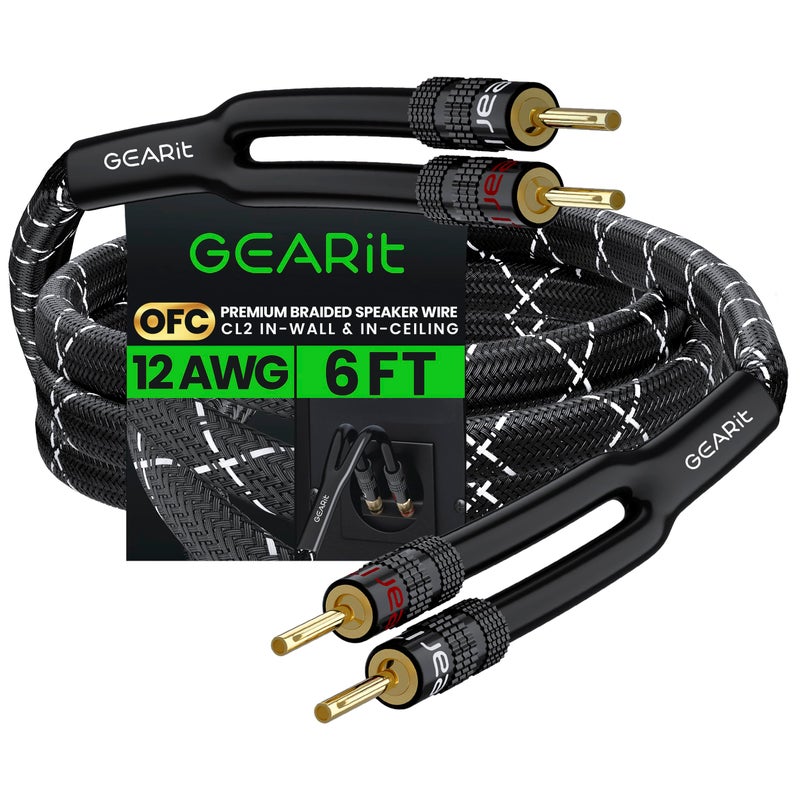 GearIT 12AWG Speaker Cable Wire with Gold-Plated Banana Tip Plugs (6 Feet) in-Wall CL2 Rated, Heavy Duty Braided, 99.9% Oxygen-Free Copper (OFC) - Black, 6ft - Image 1