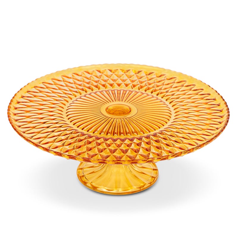 Amici Home Rochester Footed Glass Cake Stand  Round Vintage Style Cake Plate  Serving Platter for Cupcakes Cookies  Dessert Display Stand for Parties Weddings and Gift Amber