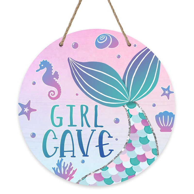 Bolisom Girl Gave Ocean Mermaid Front Door Sign Pink Coastal Wood Door Hanger Outdoor Outside Porch Nursery Decor Beach Kids Baby Girl Room Wooden Wreath Indoor Wall Hanging Decoration