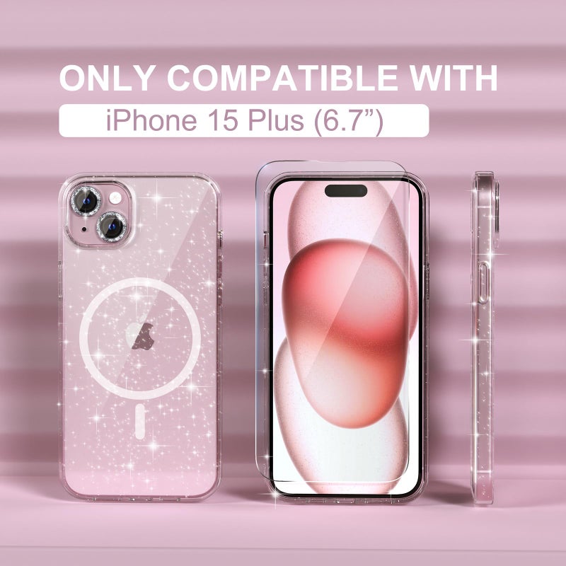 Choiche Compatible for iPhone 15 Plus Case Magnetic, Women Clear Glitter Sparkly Case, [2xDiamond Camera Lens Protectors] [2xTempered Glass Screen Protectors] [Compatible MagSafe] (Glitter Clear) - Image 2