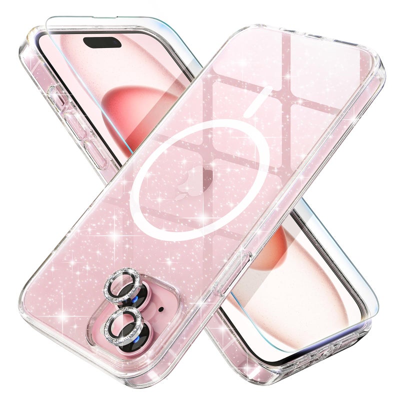 Choiche Compatible for iPhone 15 Plus Case Magnetic, Women Clear Glitter Sparkly Case, [2xDiamond Camera Lens Protectors] [2xTempered Glass Screen Protectors] [Compatible MagSafe] (Glitter Clear) - Image 1