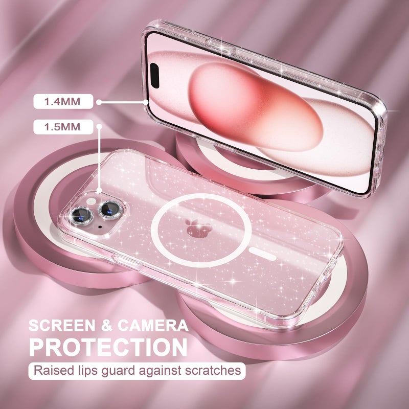 Choiche Compatible for iPhone 15 Plus Case Magnetic, Women Clear Glitter Sparkly Case, [2xDiamond Camera Lens Protectors] [2xTempered Glass Screen Protectors] [Compatible MagSafe] (Glitter Clear) - Image 4