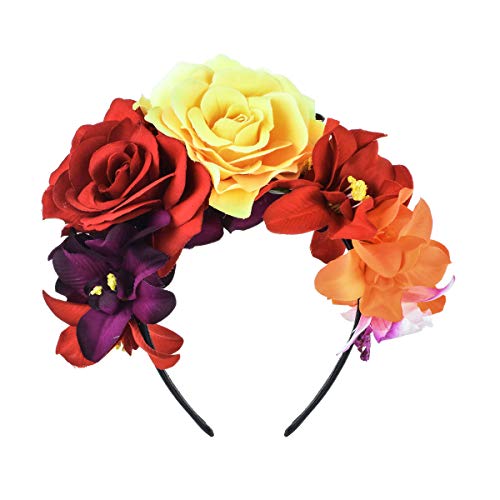 DreamLily Day of The Dead Headband Costume Rose Flower Crown Mexican Headpiece BC40 Mexican Festival Crown Yellow Red - Image 2