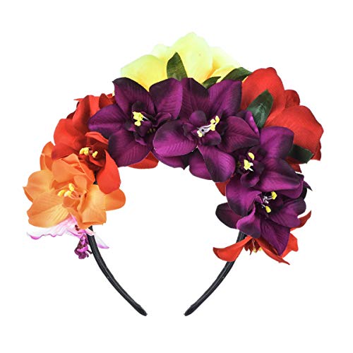 DreamLily Day of The Dead Headband Costume Rose Flower Crown Mexican Headpiece BC40 Mexican Festival Crown Yellow Red - Image 5