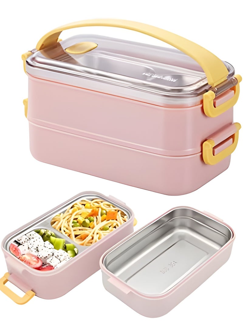 BestStore Stainless Steel Leak-proof Bento Lunch Box with 3-Compartments and Portable Handle Lock Vent Valve and 1600ml Capacity Microwave Safe Food Container For School Boys Girls  - Image 1