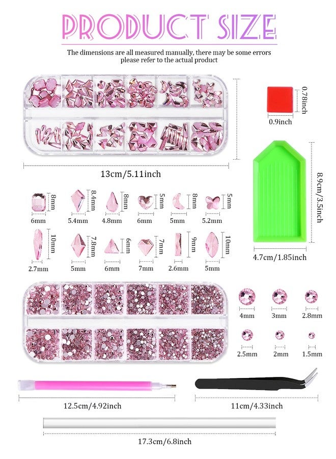Wsimily 1620 Pcs Nail Art Rhinestones Pink Nail Charms Glass Nail Gems, Wsimily Crystal Flatback Shiny Mixed Nail Rhinestones Beads for DIY Manicure Craft with Tweezer Storage Box Picker Pencil - Image 2
