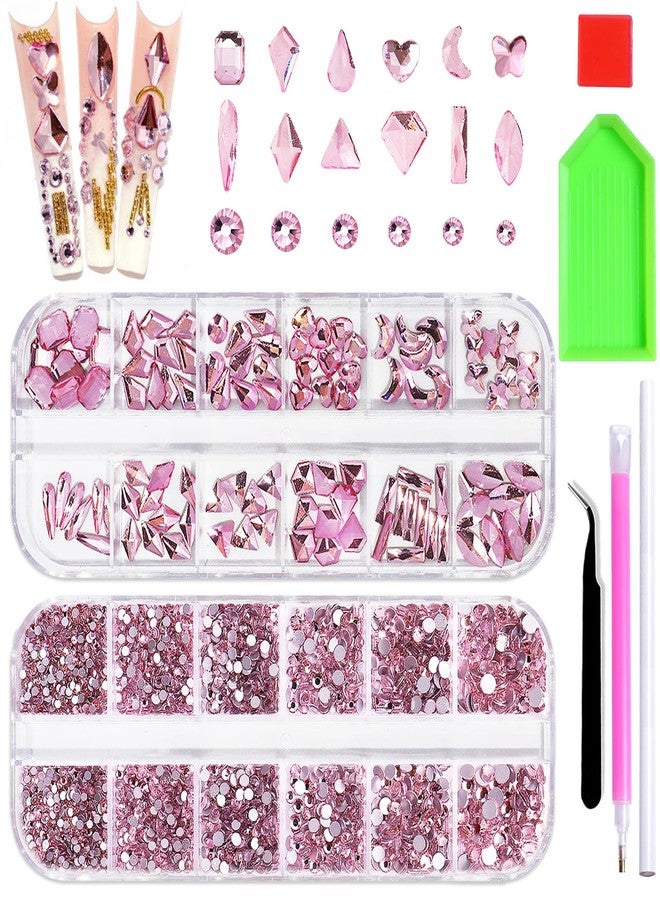 Wsimily 1620 Pcs Nail Art Rhinestones Pink Nail Charms Glass Nail Gems, Wsimily Crystal Flatback Shiny Mixed Nail Rhinestones Beads for DIY Manicure Craft with Tweezer Storage Box Picker Pencil - Image 1