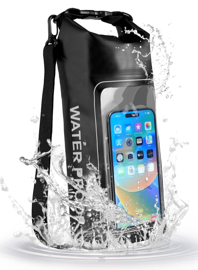 KASTWAVE Waterproof Dry Bag, Beach Phone Bag 2L Roll Top Waterproof Backpack w/Phone Case/Pouch, Lightweight Dry Storage Bag for Travel Swimming Boating Kayaking Camping Beach Fishing Rafting, Black - Image 1