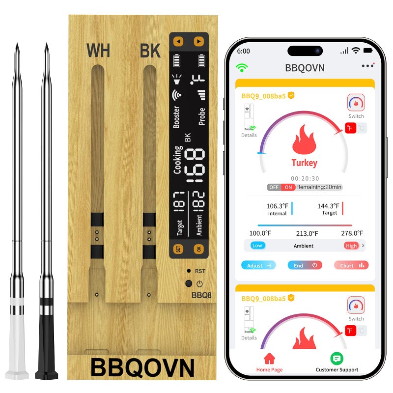 BBQOVN WiFi Sub-1G Wireless Meat Thermometer Unlimited Range 7 NIST Certified Sensors with Ambient Temp 2 Temp Monitoring Ways Digital Smart Base and App for BBQ, Smoker, Grill, Oven (2, black, small) - Image 1