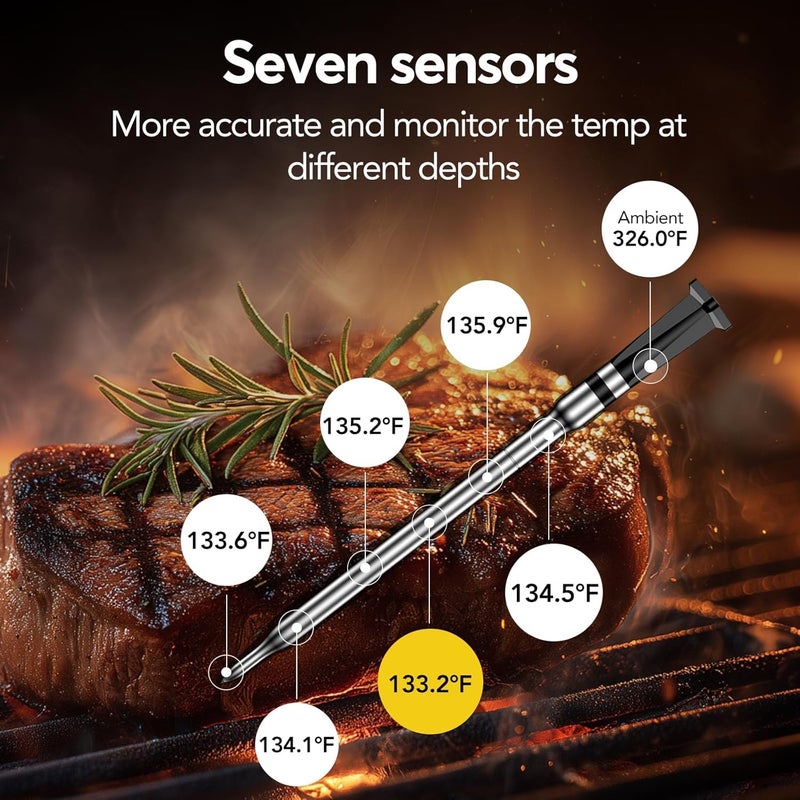 BBQOVN WiFi Sub-1G Wireless Meat Thermometer Unlimited Range 7 NIST Certified Sensors with Ambient Temp 2 Temp Monitoring Ways Digital Smart Base and App for BBQ, Smoker, Grill, Oven (2, black, small) - Image 4