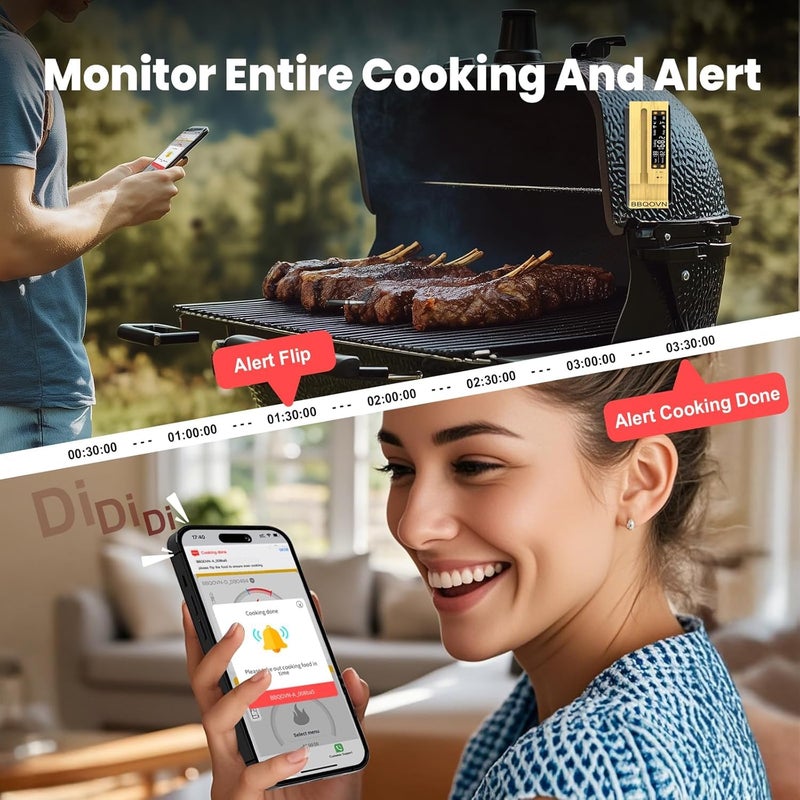 BBQOVN WiFi Sub-1G Wireless Meat Thermometer Unlimited Range 7 NIST Certified Sensors with Ambient Temp 2 Temp Monitoring Ways Digital Smart Base and App for BBQ, Smoker, Grill, Oven (2, black, small) - Image 5