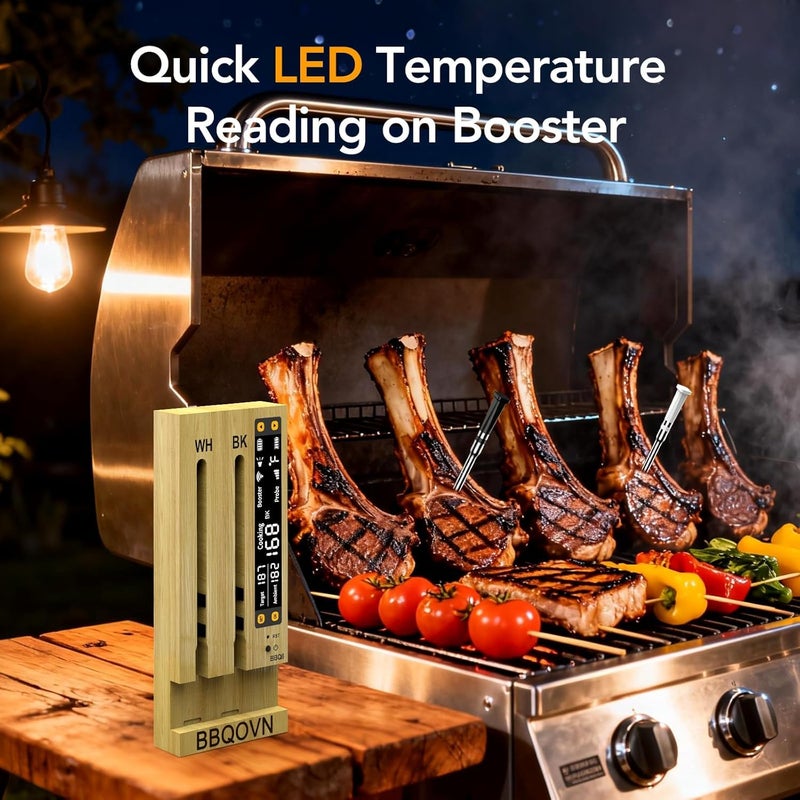 BBQOVN WiFi Sub-1G Wireless Meat Thermometer Unlimited Range 7 NIST Certified Sensors with Ambient Temp 2 Temp Monitoring Ways Digital Smart Base and App for BBQ, Smoker, Grill, Oven (2, black, small) - Image 3