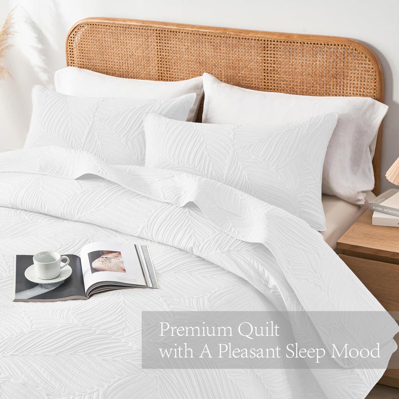 OARAGE King Quilt Bedding Set Lightweight Soft White Bedspread Coverlet with Leaf Pattern Ultrasonic Microfiber Bed Cover Set for All Season 3 Pieces (1 Quilt  2 Shams) - Image 3