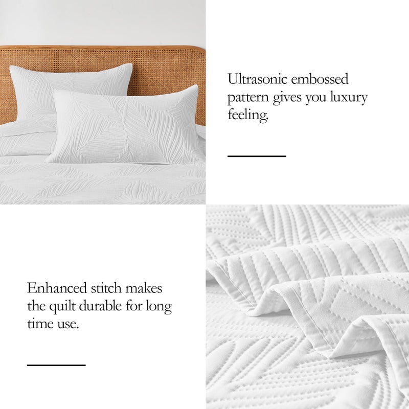 OARAGE King Quilt Bedding Set Lightweight Soft White Bedspread Coverlet with Leaf Pattern Ultrasonic Microfiber Bed Cover Set for All Season 3 Pieces (1 Quilt  2 Shams) - Image 5