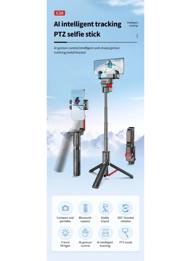 C10 AI Face Tracking Gimbal Stabilizer with Dual Fill Light, Tripod & Bluetooth – Black+Red  - Image 4