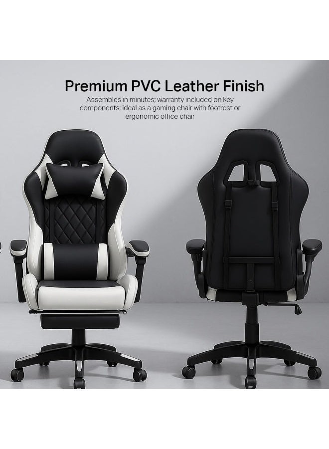 Multi Home Furniture Black and White Gaming Chair with PVC Leather Ergonomic Chair with Footrest, Reclining Backrest, Lumbar Support, Back Support - Adjustable Height Gaming Chair for Office & Study - Image 5