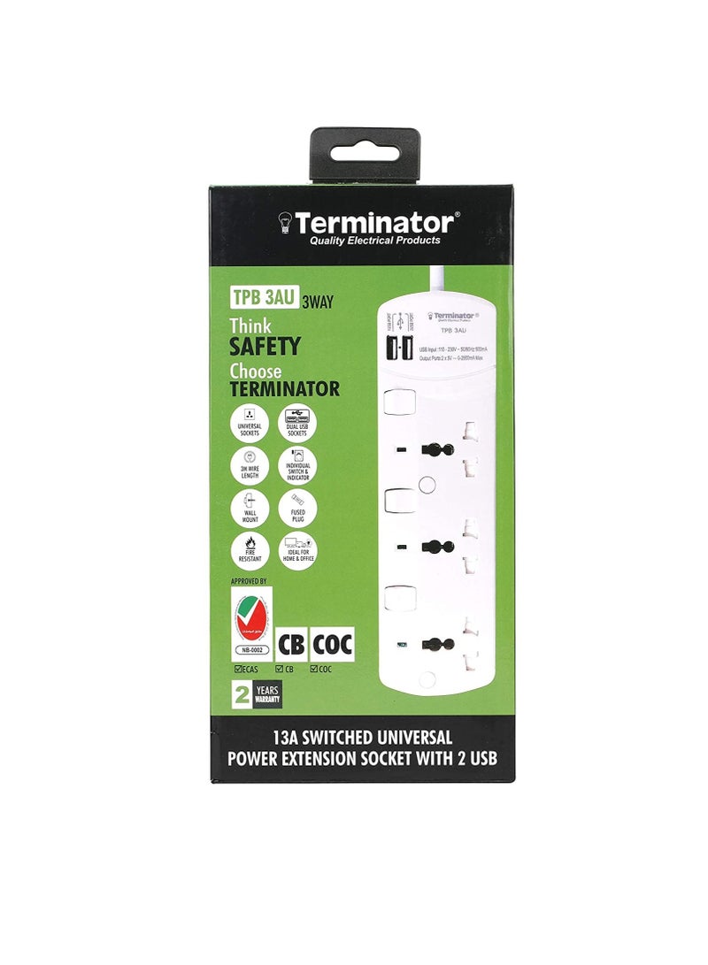 Terminator Extension 3G 3M + 2 USB TPB 3AU Universal Socket W Individual Switches  Indicators Terminator Multicolor TRZ TPB 3AU Extension Socket  - Image 1