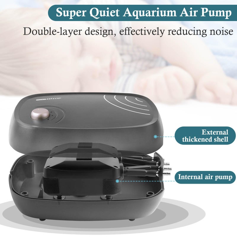 HITOP 10W Powerful Aquarium Air Pump: 4-Outlets 320GPH Air Pump for Fish Tank, Quiet Aquarium Aerator with Completely Accessories, for Tank/Hydroponic/Pond Oxygenation - Image 3