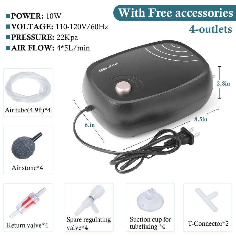 HITOP 10W Powerful Aquarium Air Pump: 4-Outlets 320GPH Air Pump for Fish Tank, Quiet Aquarium Aerator with Completely Accessories, for Tank/Hydroponic/Pond Oxygenation - Image 2