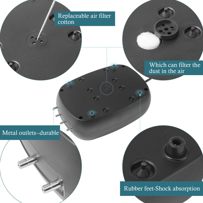 HITOP 10W Powerful Aquarium Air Pump: 4-Outlets 320GPH Air Pump for Fish Tank, Quiet Aquarium Aerator with Completely Accessories, for Tank/Hydroponic/Pond Oxygenation - Image 5