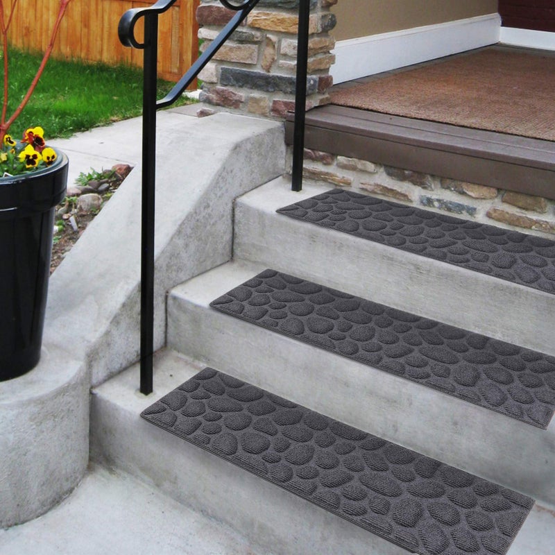 Aucuda 6pcs 85 x 30 Stair Treads Outdoor for Elders and Dogs on Wooden Steps Non Slip Stair Runner Rug Heat Insulation Rubber Backing Gray Stone Staircase Mat Carpet for Indoor Grip Farmhouse