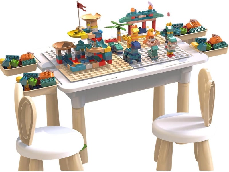 Kids Activity Table Set With 2 Chairs 4 Storage Boxes, Multi-Functional Educational Block Table With Storage