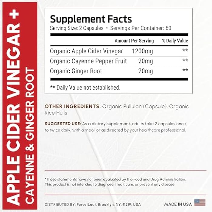 ForestLeaf Organic Apple Cider Vinegar Capsules 1200mg – Supports Metabolism, Detox, Digestion, Gut Health – USDA Organic Apple Cider Vinegar Pills with Cayenne Pepper & Ginger Root – 120 Caps – by Forest Leaf - Image 3