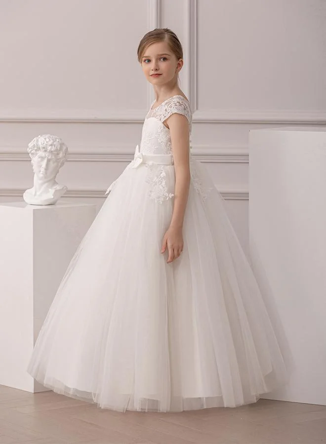 Styli Styli Girl Floral Lace Bow Detail Mesh Maxi Party Dress
