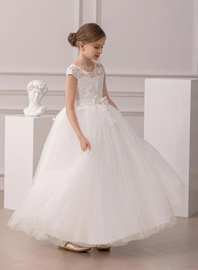 Styli Styli Girl Floral Lace Bow Detail Mesh Maxi Party Dress