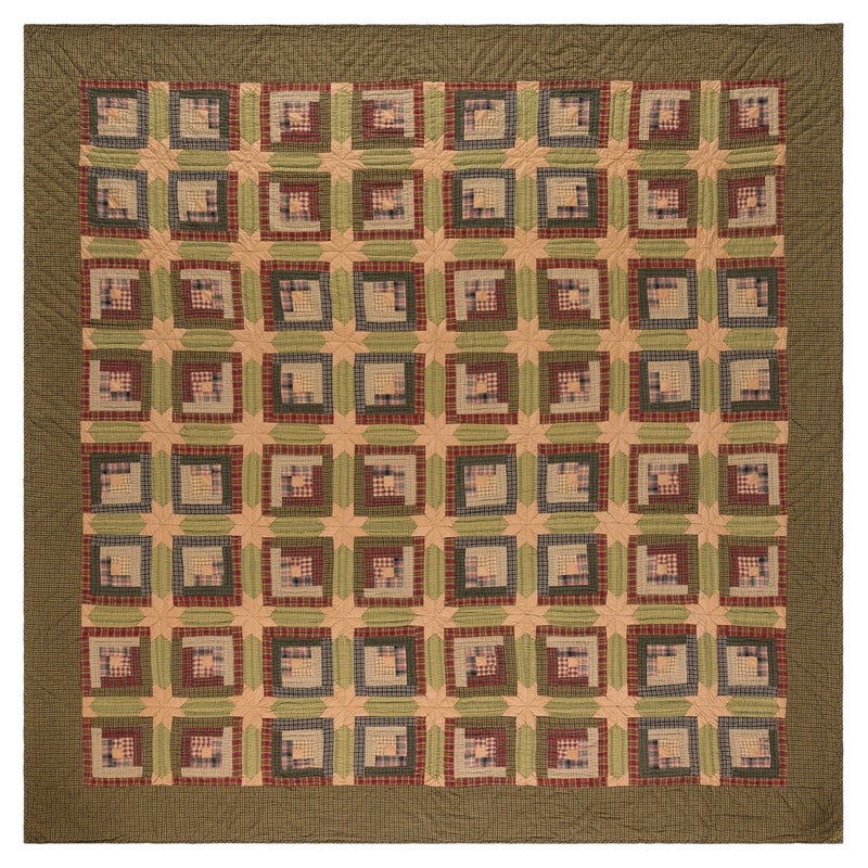 VHC Brands Tea Cabin Queen Quilt 94Wx94L Log Cabin Country Rustic Lodge Design Moss Green and Deep Red