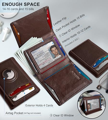 miyozi Airtag Wallet for Menwith Cash Pocket 2 ID Window 1416 Cards Magnetic Closure Slim Trifold Leather Wallet 40x31 RFID Blocking Front Pocket Wallet with Gift Box - Image 3
