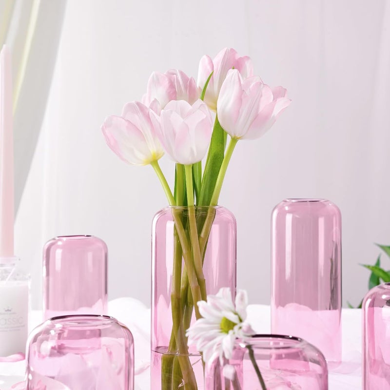 Zens Bud Vases Set of 6, Pink Clear Small Glass Vase for Flowers. Modern Hand Blown Cylinder Glass Vase for Wedding Reception Centerpieces Living Room Decorative. - Image 3