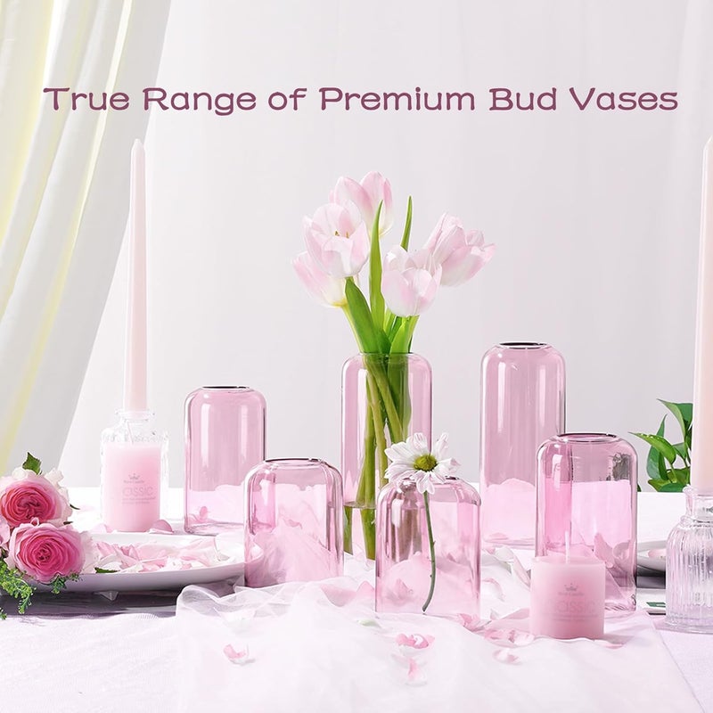 Zens Bud Vases Set of 6, Pink Clear Small Glass Vase for Flowers. Modern Hand Blown Cylinder Glass Vase for Wedding Reception Centerpieces Living Room Decorative. - Image 4