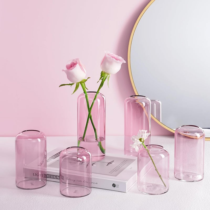 Zens Bud Vases Set of 6, Pink Clear Small Glass Vase for Flowers. Modern Hand Blown Cylinder Glass Vase for Wedding Reception Centerpieces Living Room Decorative. - Image 2