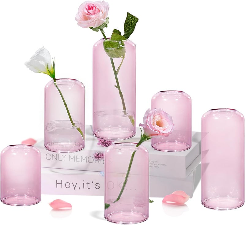 Zens Bud Vases Set of 6, Pink Clear Small Glass Vase for Flowers. Modern Hand Blown Cylinder Glass Vase for Wedding Reception Centerpieces Living Room Decorative. - Image 1