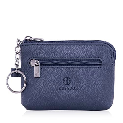 Trusador Milano Unisex Leather Front Pocket Wallet Coin Purse Zipper Pouch with Keychain (Navy) - Image 1
