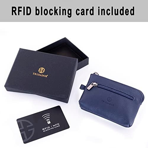 Trusador Milano Unisex Leather Front Pocket Wallet Coin Purse Zipper Pouch with Keychain (Navy) - Image 4