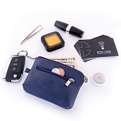 Trusador Milano Unisex Leather Front Pocket Wallet Coin Purse Zipper Pouch with Keychain (Navy) - Image 5
