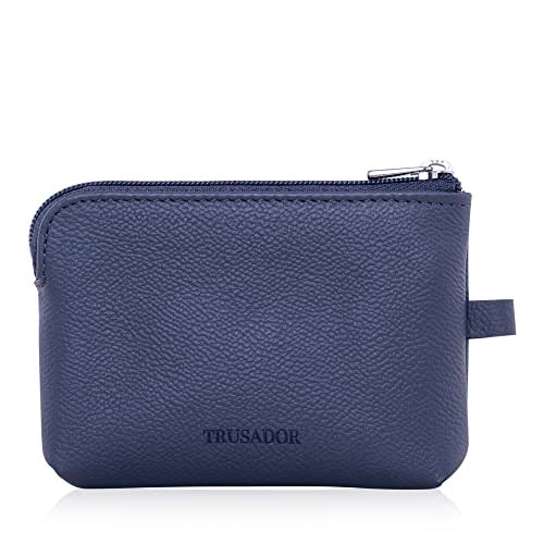 Trusador Milano Unisex Leather Front Pocket Wallet Coin Purse Zipper Pouch with Keychain (Navy) - Image 2