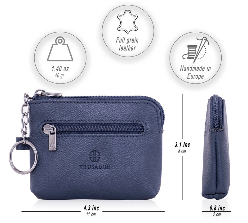 Trusador Milano Unisex Leather Front Pocket Wallet Coin Purse Zipper Pouch with Keychain (Navy) - Image 3