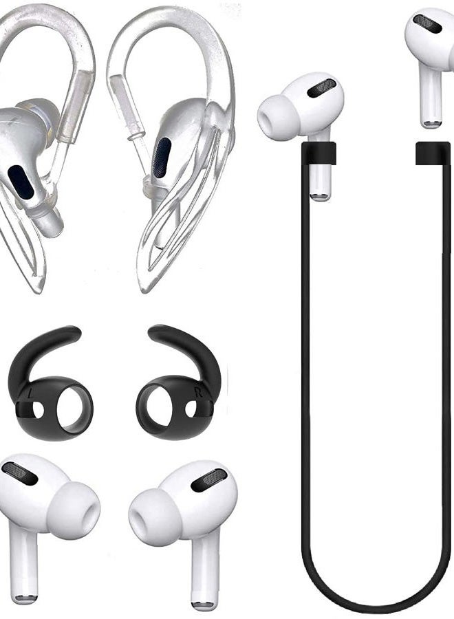 JNSA [Never Lose Your Air Pods Pro] Anti Slip Set, Sport Ear Hook Compatible with Air Pods Pro (Clear)+ Air Pods Pro Earbuds Ear Hooks Cover + Strap Compatible with Air Pods Pro [3in1],Black' - Image 1