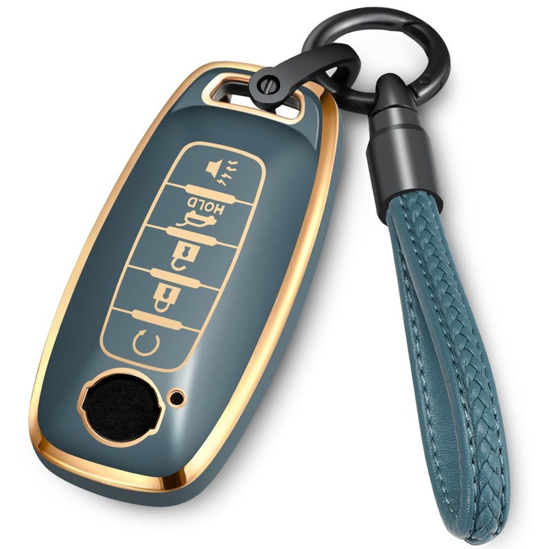 Lcyam Key Fob Cover Remote Case with Keychain Strap Compatible with Nissan 2023 2024 Rouge Pathfinder Versa 5 Button Smart Car Key BlueGray
