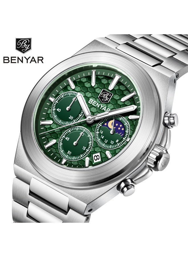 BENYAR Mens Watches Multifunction Chronograph Date Quartz Watch for Men Stainless Steel Band Wrist Watch Gift for Men Casual Business - Image 1