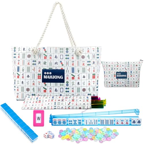 LaRandom American Mahjong Tile Set 166 Blue Tiles 4 Allinone RackPushers Complete Western Mahjong Set with Mah Jong Printed Carrying Bags - Image 1