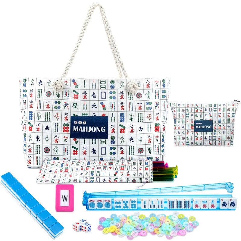 LaRandom American Mahjong Tile Set 166 Blue Tiles 4 Allinone RackPushers Complete Western Mahjong Set with Mah Jong Printed Carrying Bags - Image 3