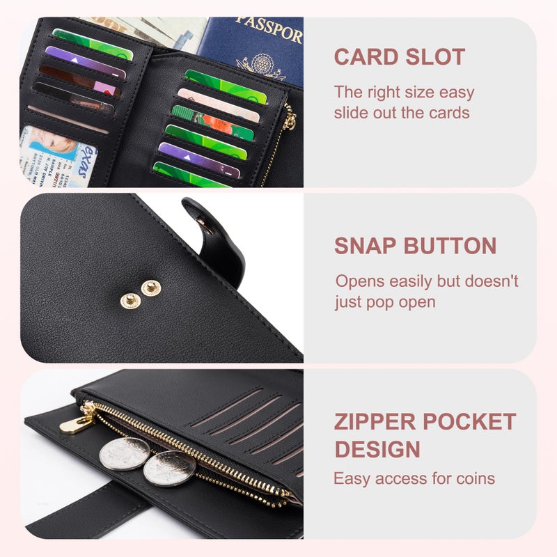 yiijay Wallet Women RFID Blocking Leather Trifold Clutch Wallet Credit Card Holder Ladies Travel Wallet Purse with Pen Holder - Image 3