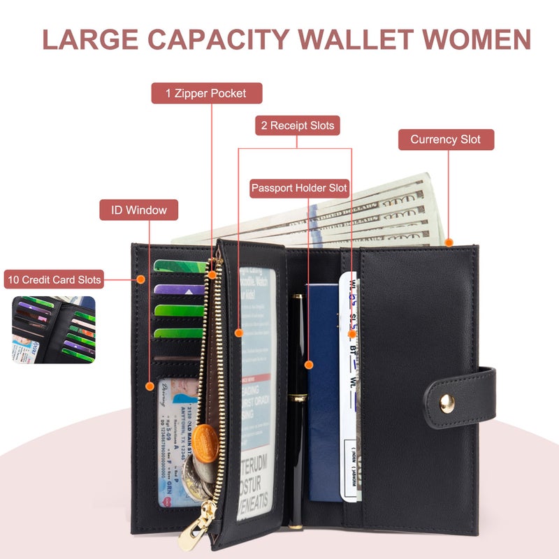 yiijay Wallet Women RFID Blocking Leather Trifold Clutch Wallet Credit Card Holder Ladies Travel Wallet Purse with Pen Holder - Image 2